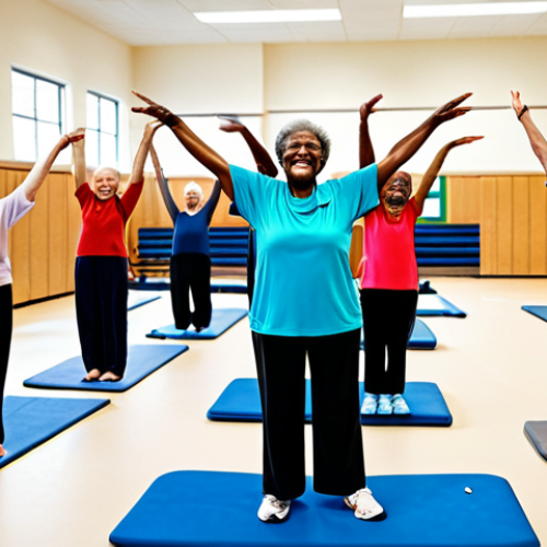 Adapted Gymnastics in a Community Center**

"A diverse group of senior citizens participating in a gentle gymnastics class in a bright, modern community center, fully clothed in comfortable athletic wear, safe for work, appropriate content, perfect anatomy, natural proportions, family-friendly activity, well-lit, professional atmosphere, modest dress, showcasing joyful movement and healthy aging."

**