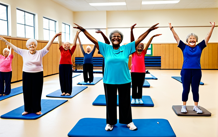 Adapted Gymnastics in a Community Center**

"A diverse group of senior citizens participating in a gentle gymnastics class in a bright, modern community center, fully clothed in comfortable athletic wear, safe for work, appropriate content, perfect anatomy, natural proportions, family-friendly activity, well-lit, professional atmosphere, modest dress, showcasing joyful movement and healthy aging."

**