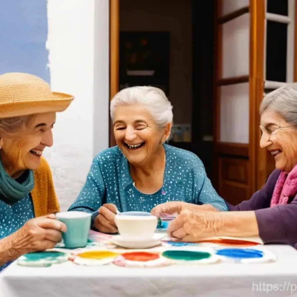 액티브 에이징을 위한 사회적 연대감 증진 - **Prompt:** A group of cheerful elderly Portuguese women are gathered around a table in a brightly l...
