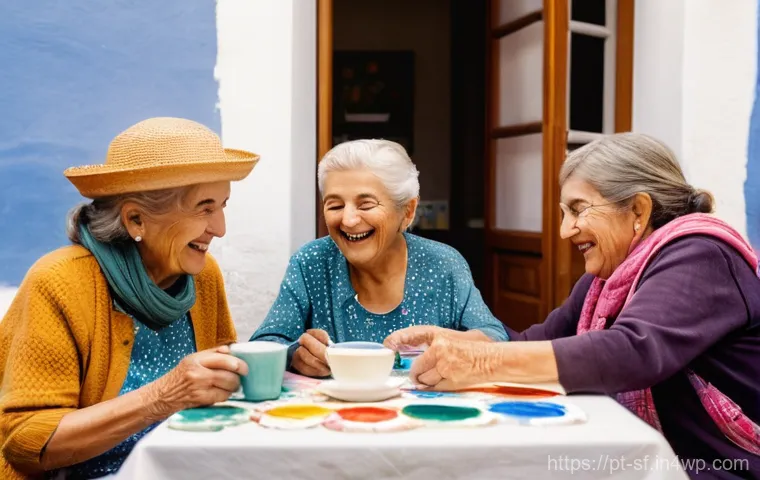 액티브 에이징을 위한 사회적 연대감 증진 - **Prompt:** A group of cheerful elderly Portuguese women are gathered around a table in a brightly l...