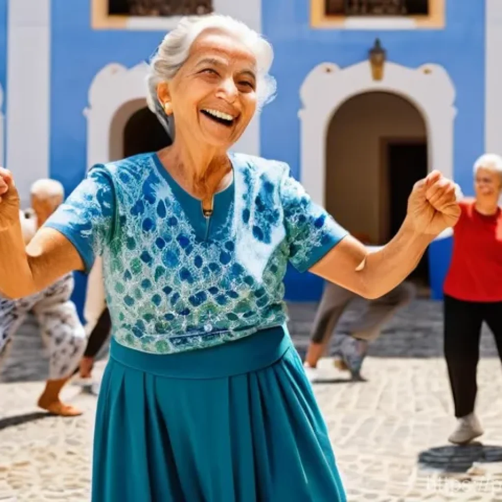 액티브 에이징을 위한 성공적인 사례 연구 - **Prompt:** A vibrant and joyful scene featuring a group of active senior Portuguese adults, male an...