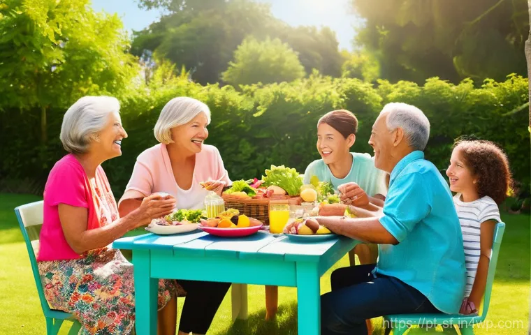 액티브 에이징을 위한 건강한 습관 형성하기 - Image Prompt 1: "The Joy of a Shared, Healthy Meal in a Vibrant Setting"** 액티브 에이징을 위한 건강한 습관 형성하기 - Image Prompt 1: "The Joy of a Shared, Healthy Meal in a Vibrant Setting"**