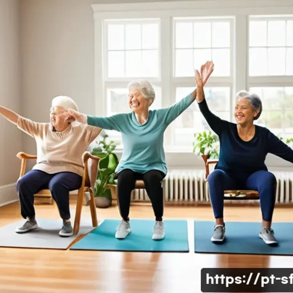 고령자와 함께하는 가족 운동법 - A warm, inviting living room scene showing a multigenerational family exercising together with light...