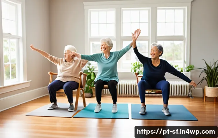 고령자와 함께하는 가족 운동법 - A warm, inviting living room scene showing a multigenerational family exercising together with light...