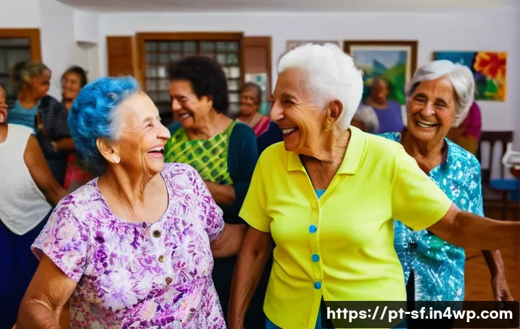 액티브 에이징과 사회적 지원 체계 - A vibrant community center in a Brazilian neighborhood, filled with active elderly people engaging i...
