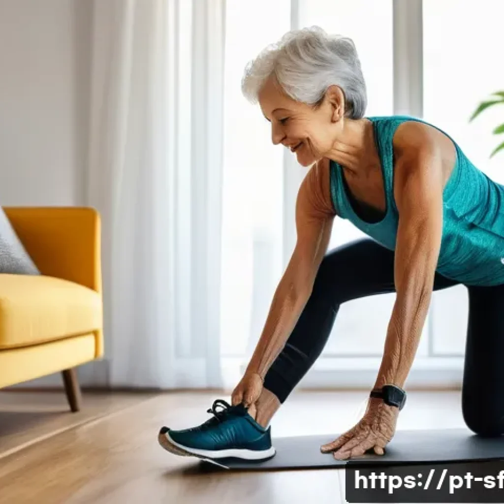 전문가 추천 액티브 에이징 도구 - A warm and inviting scene of a senior Brazilian woman using a personalized fitness app on a smartpho...