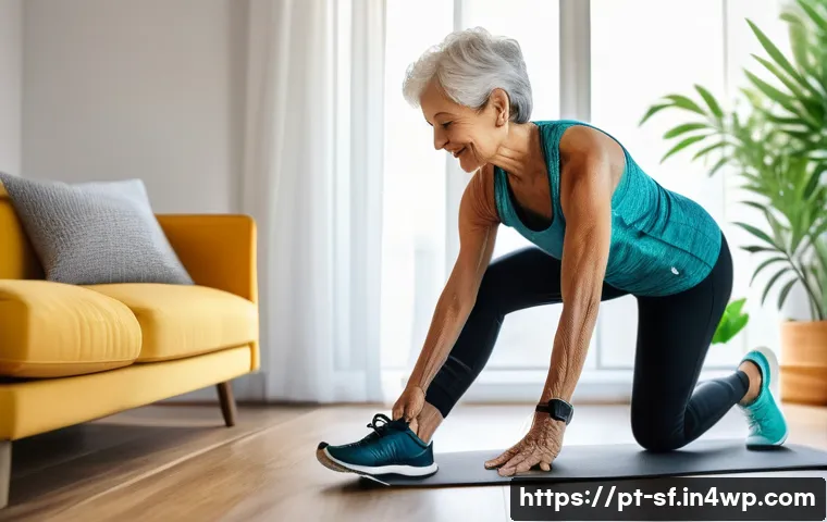 전문가 추천 액티브 에이징 도구 - A warm and inviting scene of a senior Brazilian woman using a personalized fitness app on a smartpho...