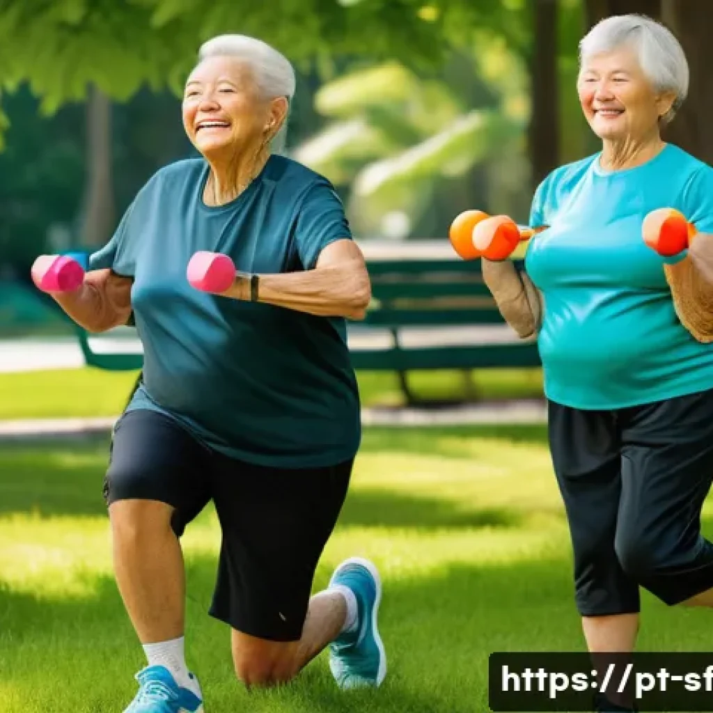 노인을 위한 장기적인 운동 목표 설정하기 - A serene outdoor park scene featuring a diverse group of elderly individuals engaging in low-impact ...