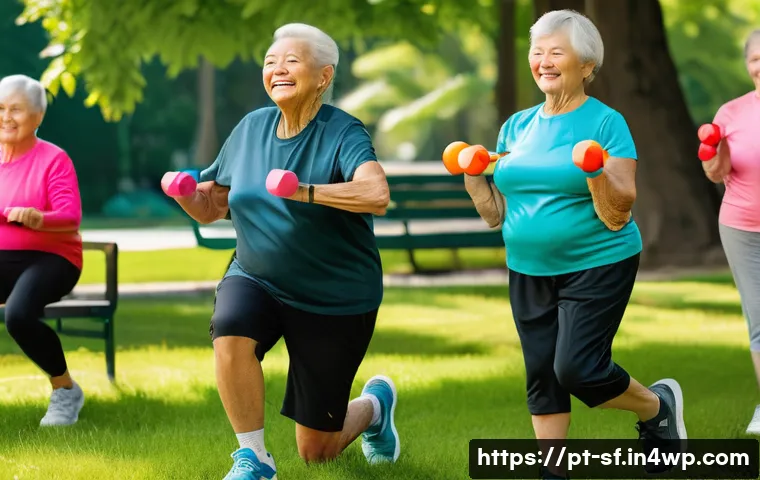 노인을 위한 장기적인 운동 목표 설정하기 - A serene outdoor park scene featuring a diverse group of elderly individuals engaging in low-impact ...