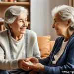 노인 정신 건강을 위한 상담 접근법 - A warm and inviting scene of an elderly woman and a caregiver engaged in active listening in a cozy ...