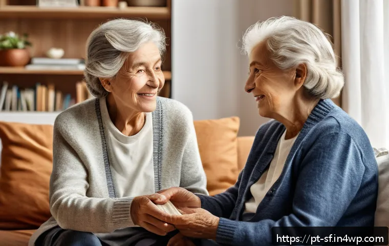 노인 정신 건강을 위한 상담 접근법 - A warm and inviting scene of an elderly woman and a caregiver engaged in active listening in a cozy ...