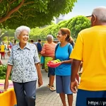 Home 19 액티브 에이징과 이웃과의 관계 개선하기 - A vibrant community park scene in a Brazilian neighborhood during a sunny day, featuring diverse eld...
