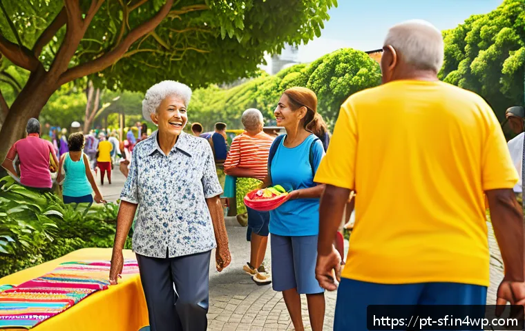 액티브 에이징과 이웃과의 관계 개선하기 - A vibrant community park scene in a Brazilian neighborhood during a sunny day, featuring diverse eld...
