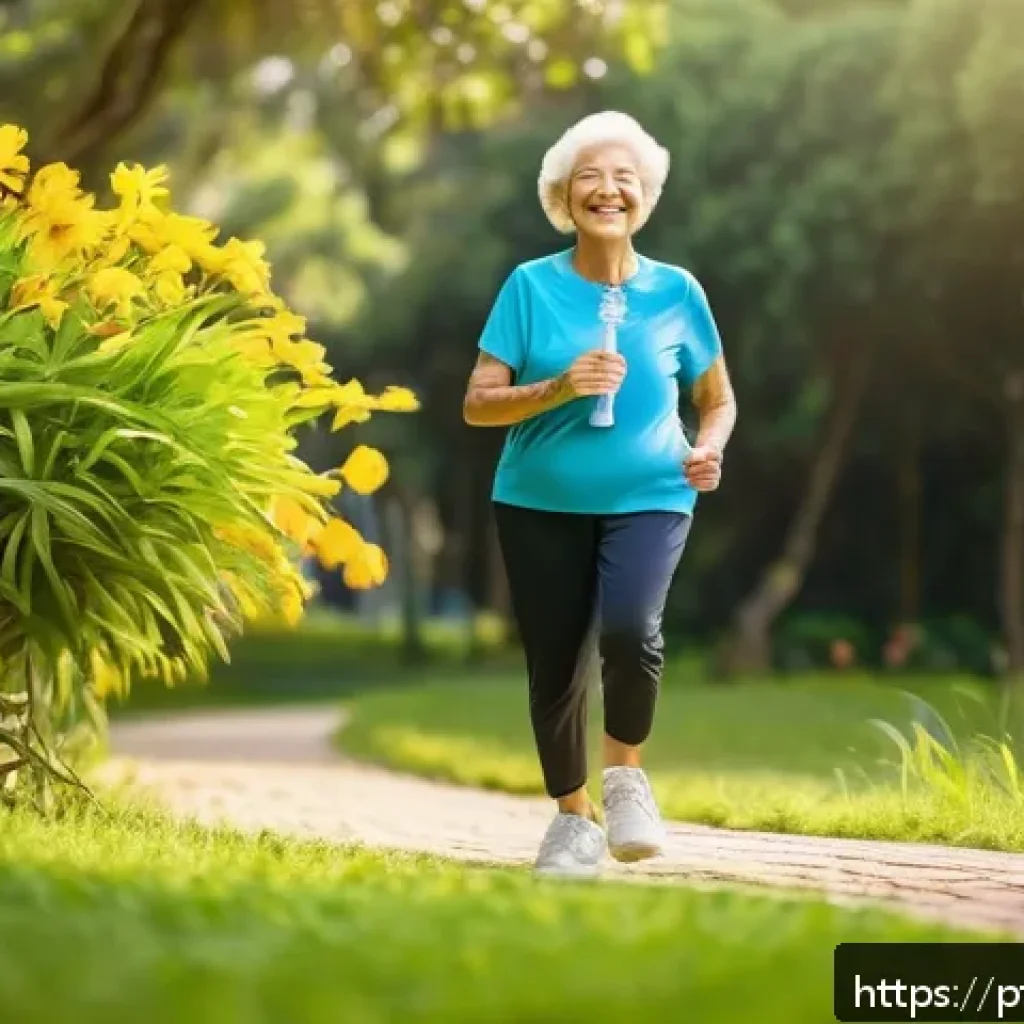 액티브 에이징을 위한 무리한 목표 설정 피하기 - A joyful elderly woman in her 70s wearing comfortable sportswear and supportive sneakers, walking br...