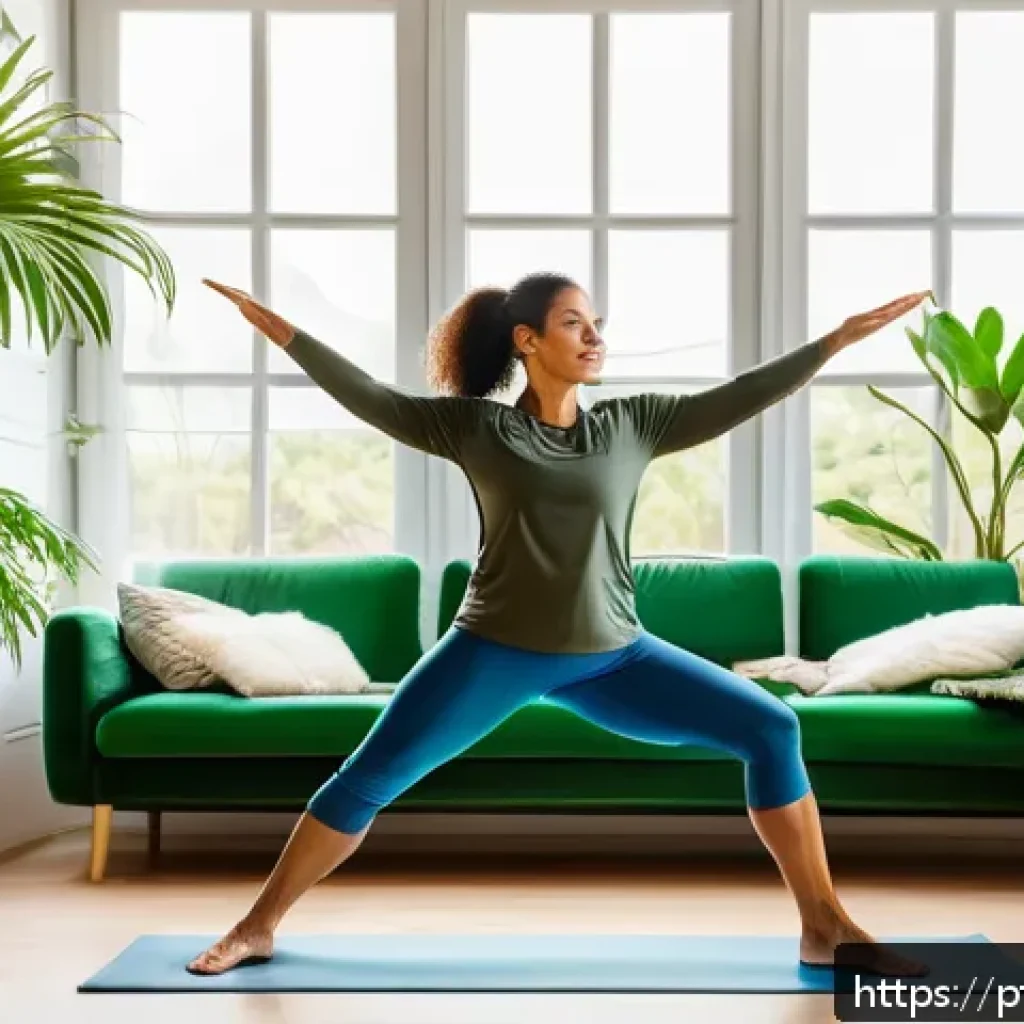 액티브 에이징을 위한 자가 관리 전략 - A middle-aged Brazilian woman in comfortable home workout clothes performing gentle morning stretche...