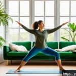 Home 23 액티브 에이징을 위한 자가 관리 전략 - A middle-aged Brazilian woman in comfortable home workout clothes performing gentle morning stretche...