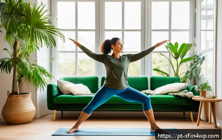 액티브 에이징을 위한 자가 관리 전략 - A middle-aged Brazilian woman in comfortable home workout clothes performing gentle morning stretche...