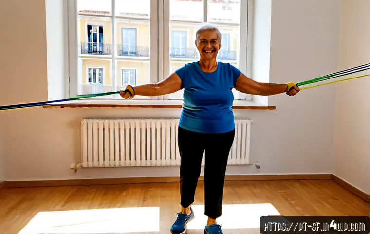 Home 17 노화 방지를 위한 운동 프로그램 - Photorealistic active older Portuguese couple in their early sixties performing gentle strength exer...
