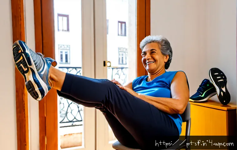 Home 17 고령자를 위한 무릎 건강 유지 방법 - Photorealistic lifestyle scene of a cheerful Portuguese senior woman in her late 60s doing gentle kn...