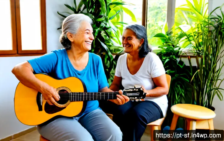 Home 17 고령자 정신적 웰빙을 위한 음악 치료 - Photorealistic music therapy session in a welcoming Portuguese community center, a smiling older wom...